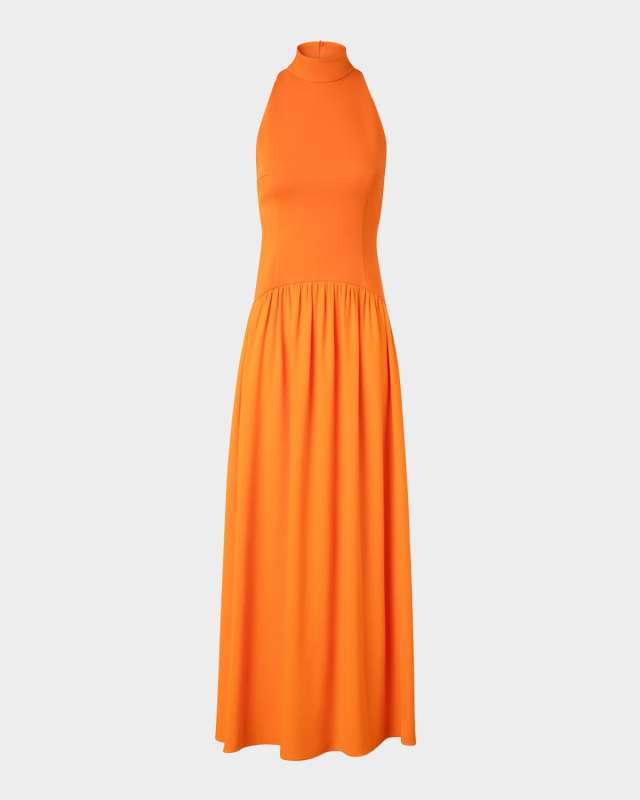 Mixed-Media Jersey Halter Seersucker Pleated Skirt Dress